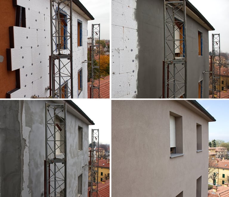 Energy efficient building renovation with insulation panels being installed