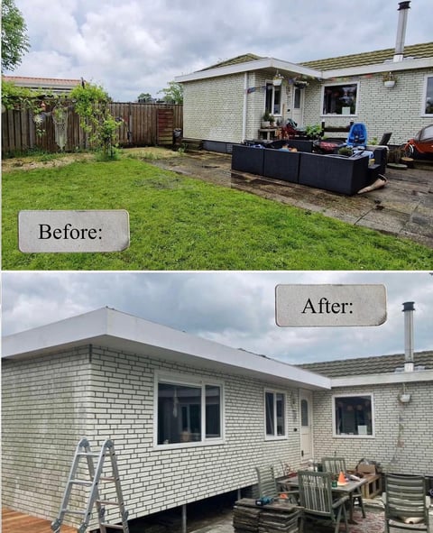 Before and after home renovation comparison showing brick house with deck transformation